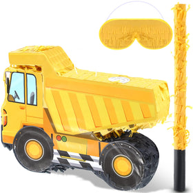 Aoriher dump truck pinata in bright yellow ready for party candy filling.