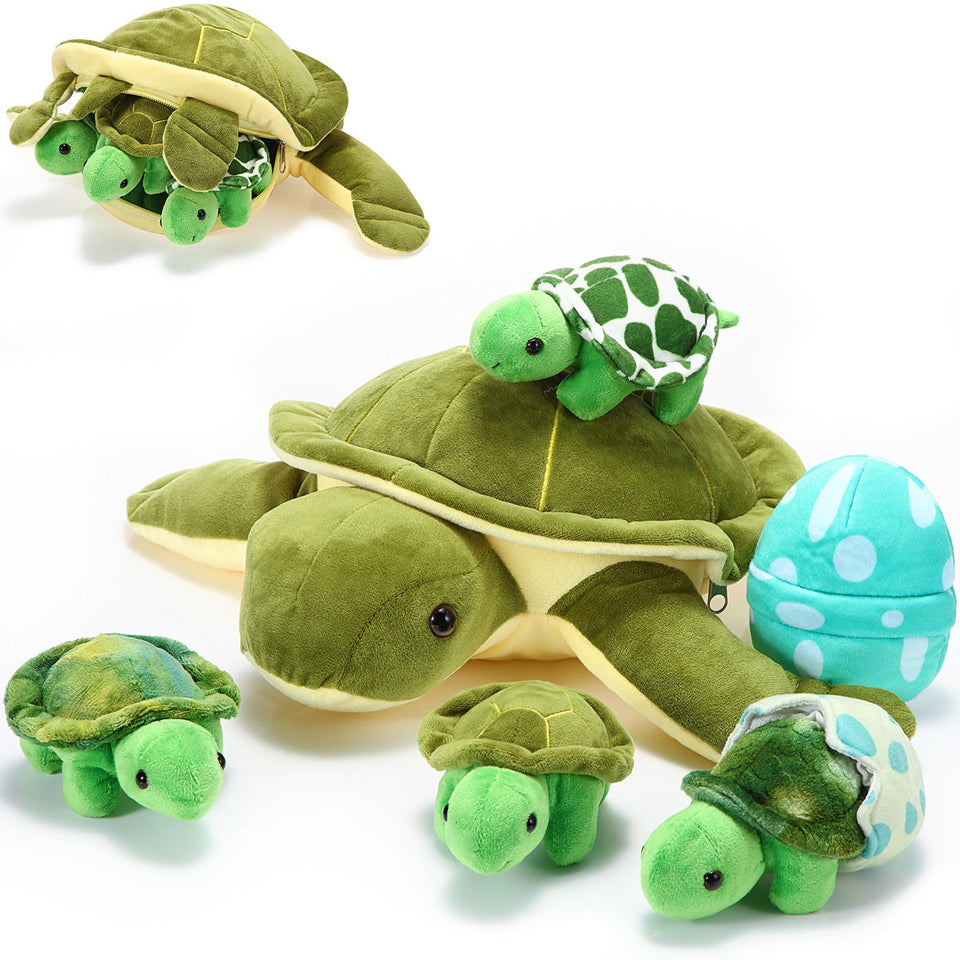 Aoriher sea turtle mommy 12-inch plush with zipper pocket for interactive play.