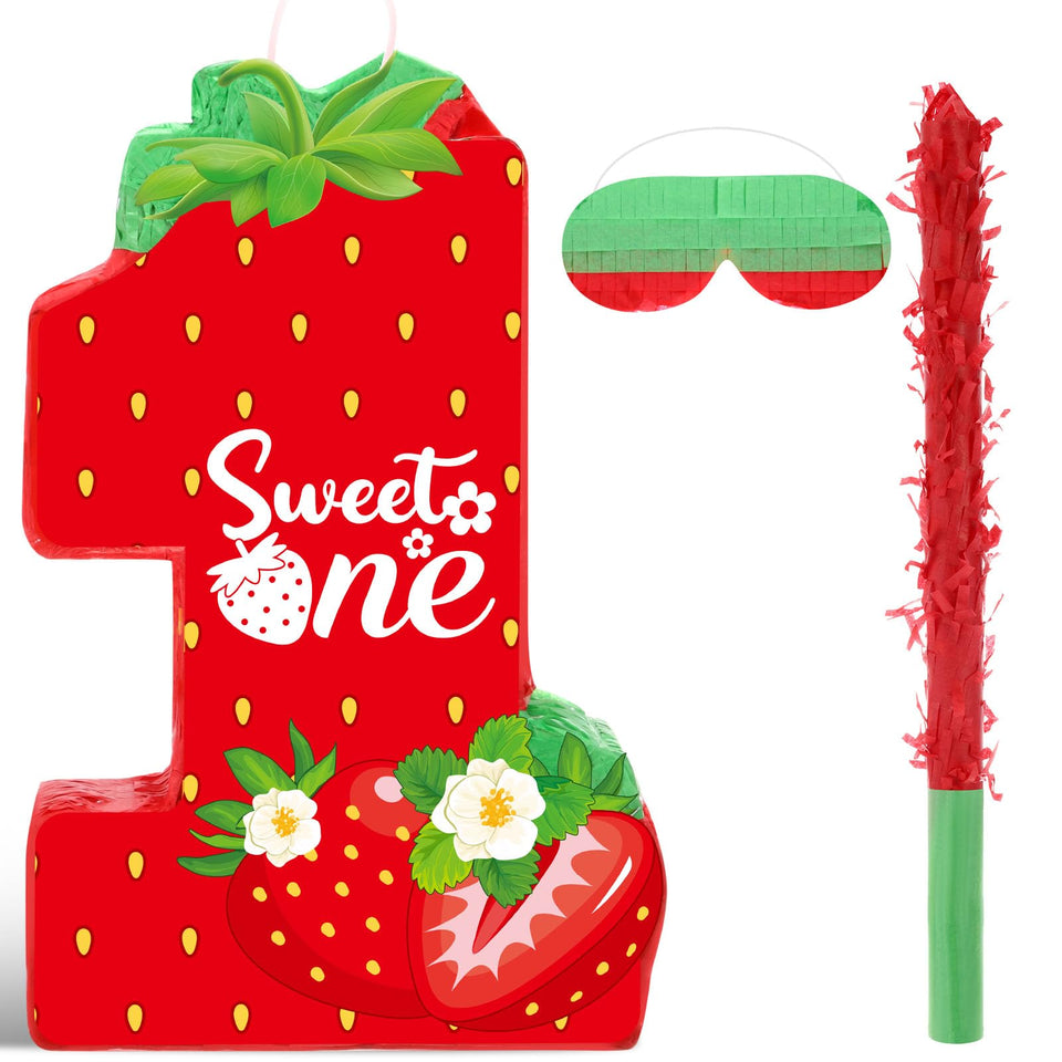 Aoriher Strawberry Piñata hanging for vibrant party decor and interactive fun.