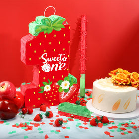 Aoriher Strawberry Piñata tissue paper detail adds bright colors to the setup.