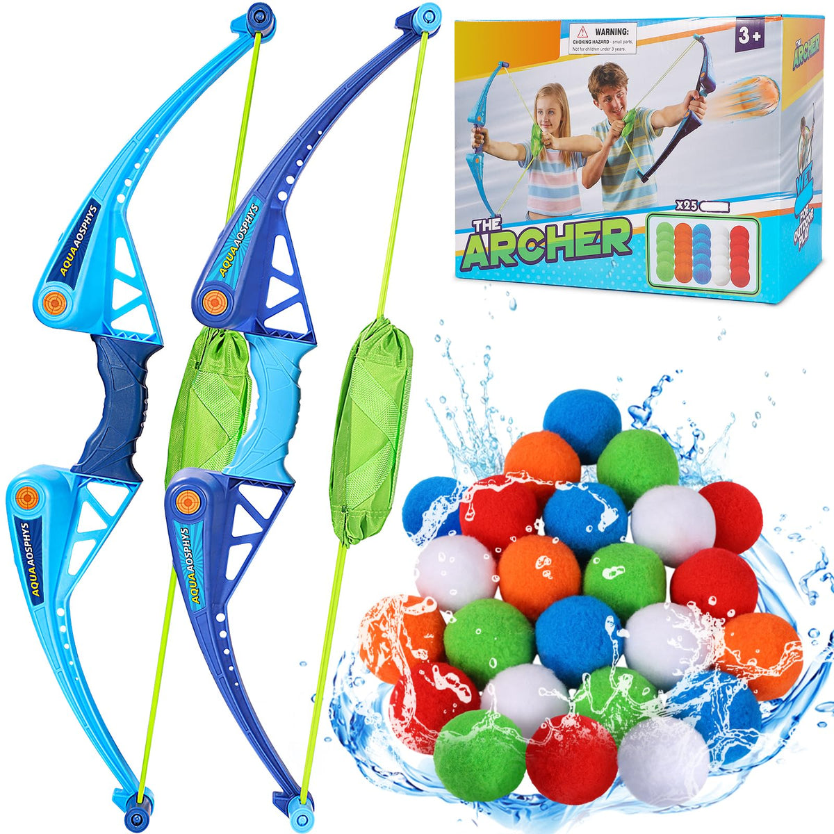 AOSPHYS 25-piece water balloons with bow and arrow set for sunny backyard battles.