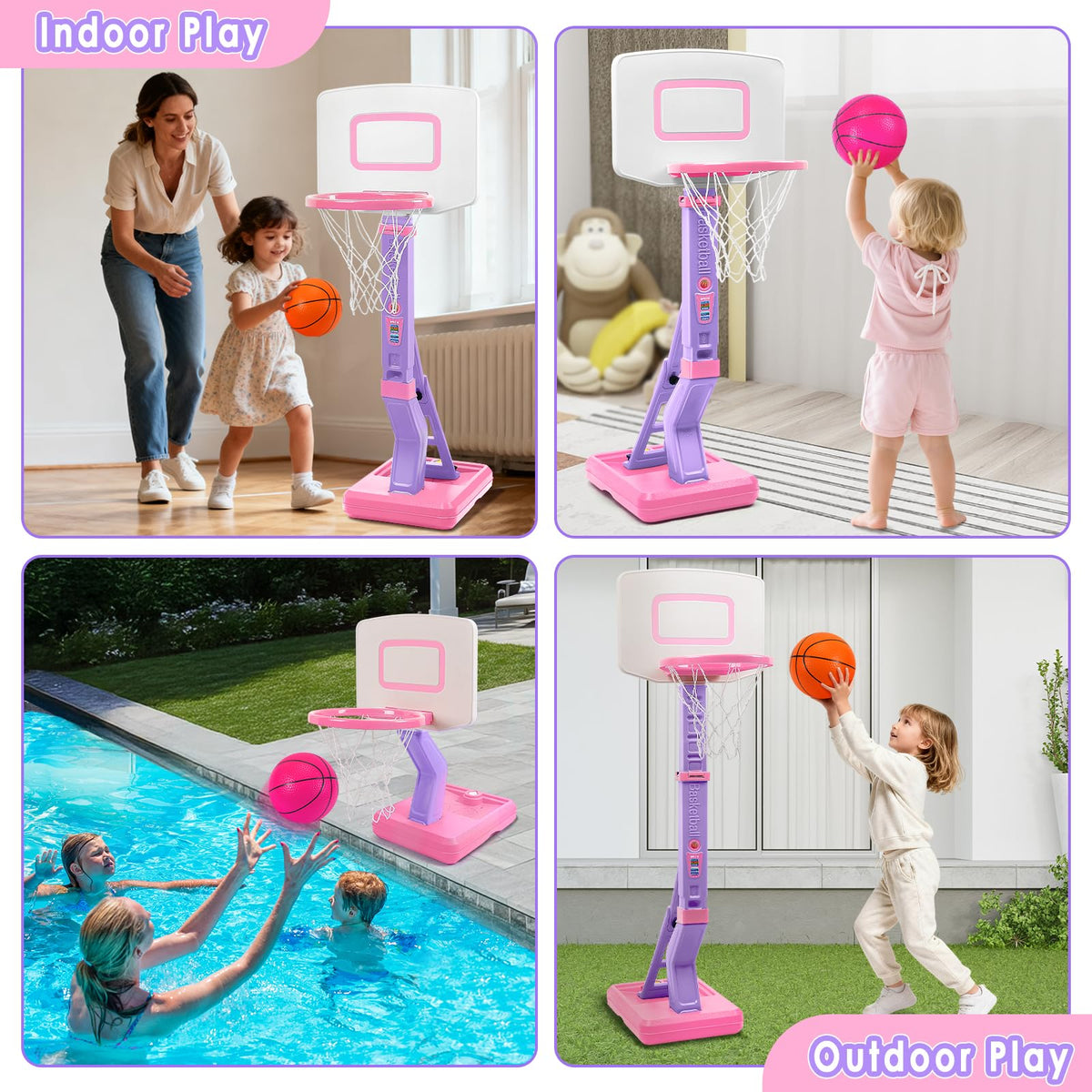 Height-adjustable pole grows with kids from 27.6 to 54 inches for growth.