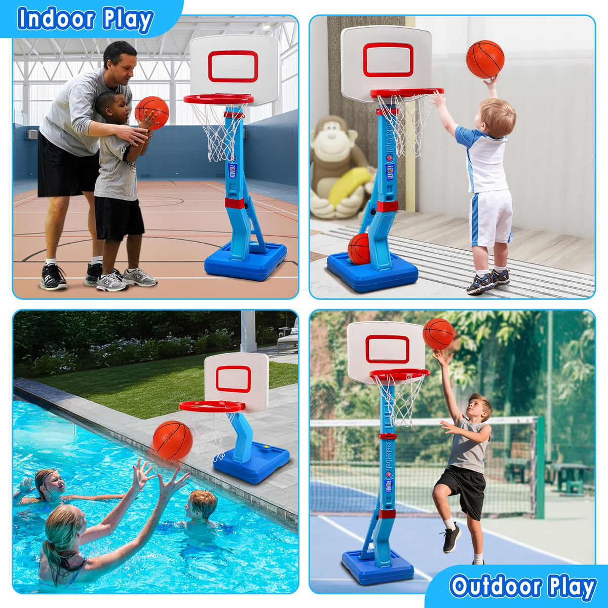 AOSPHYS toddler hoop with four inflatable balls and pump included.