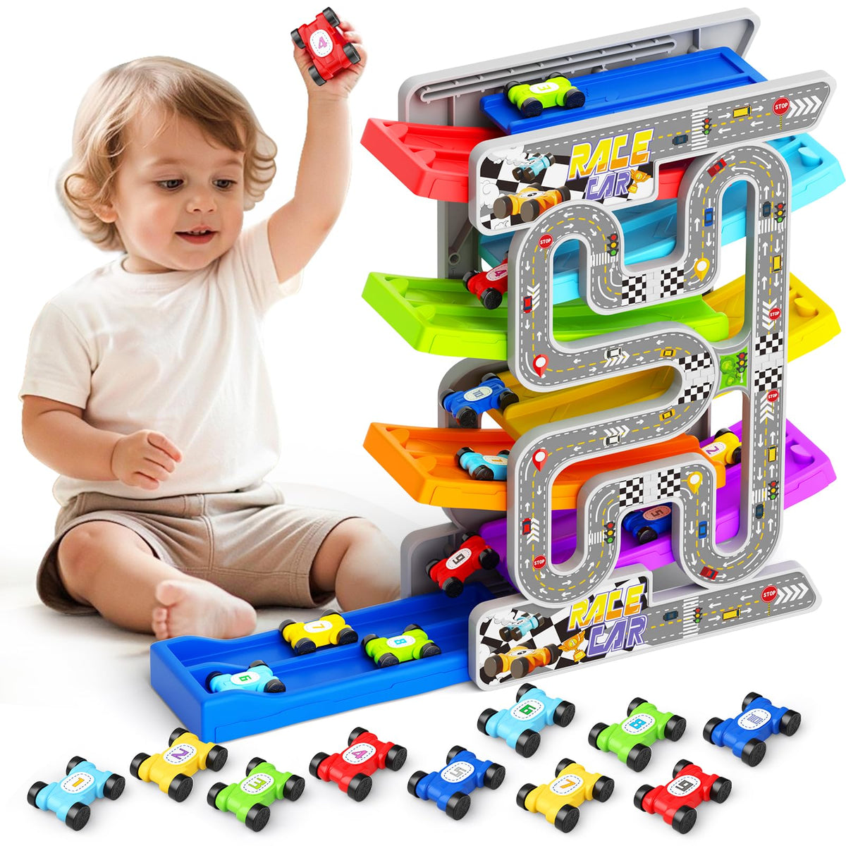Aotipol double-track car ramp set promotes independent and cooperative play.