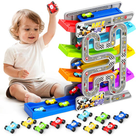 Aotipol double-track car ramp set promotes independent and cooperative play.