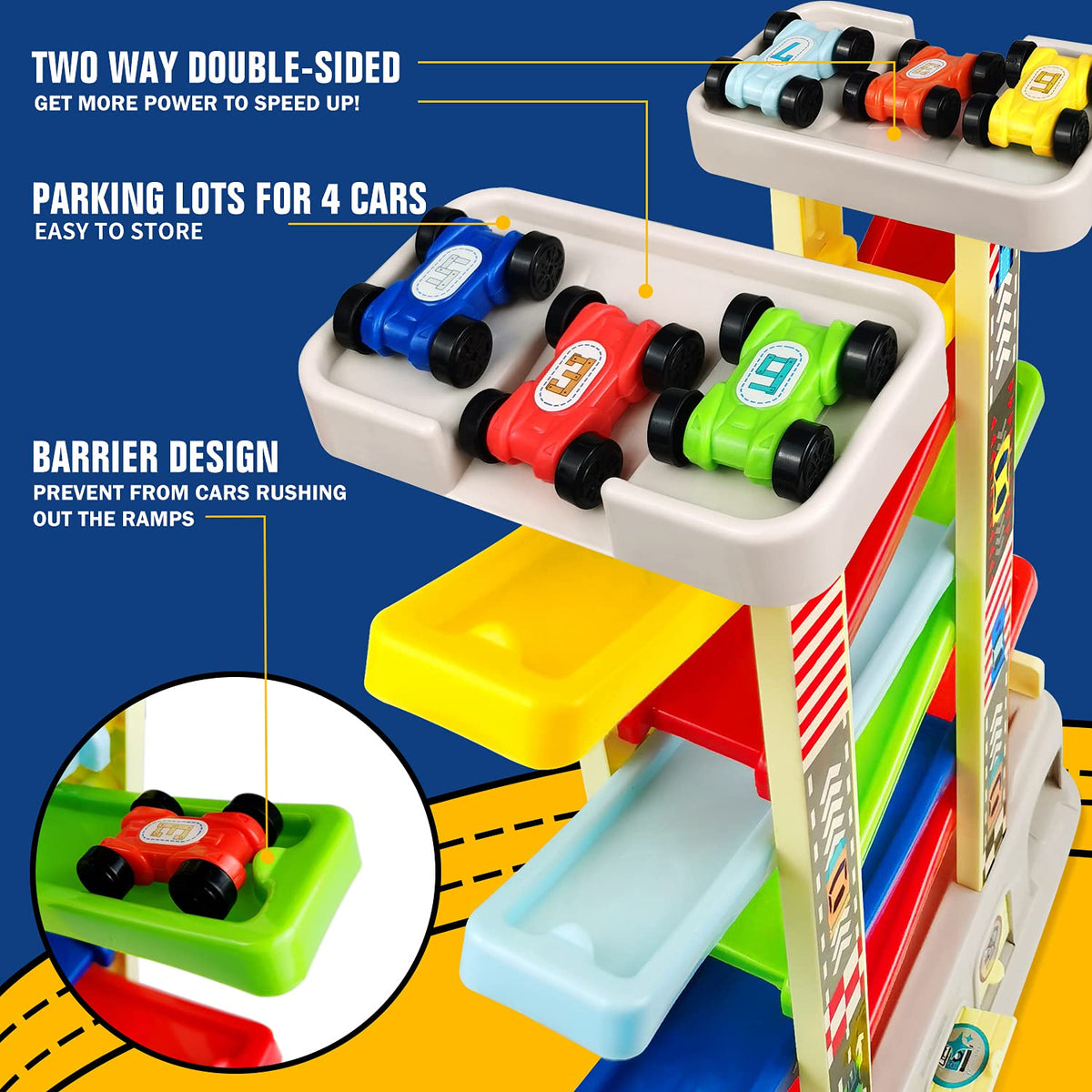 aotipol race track with bright ramps boosts visual tracking and fine motor skills.