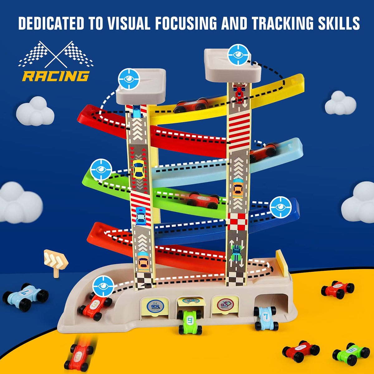 aotipol ramp racer with three garages enables imaginative car parking scenarios.