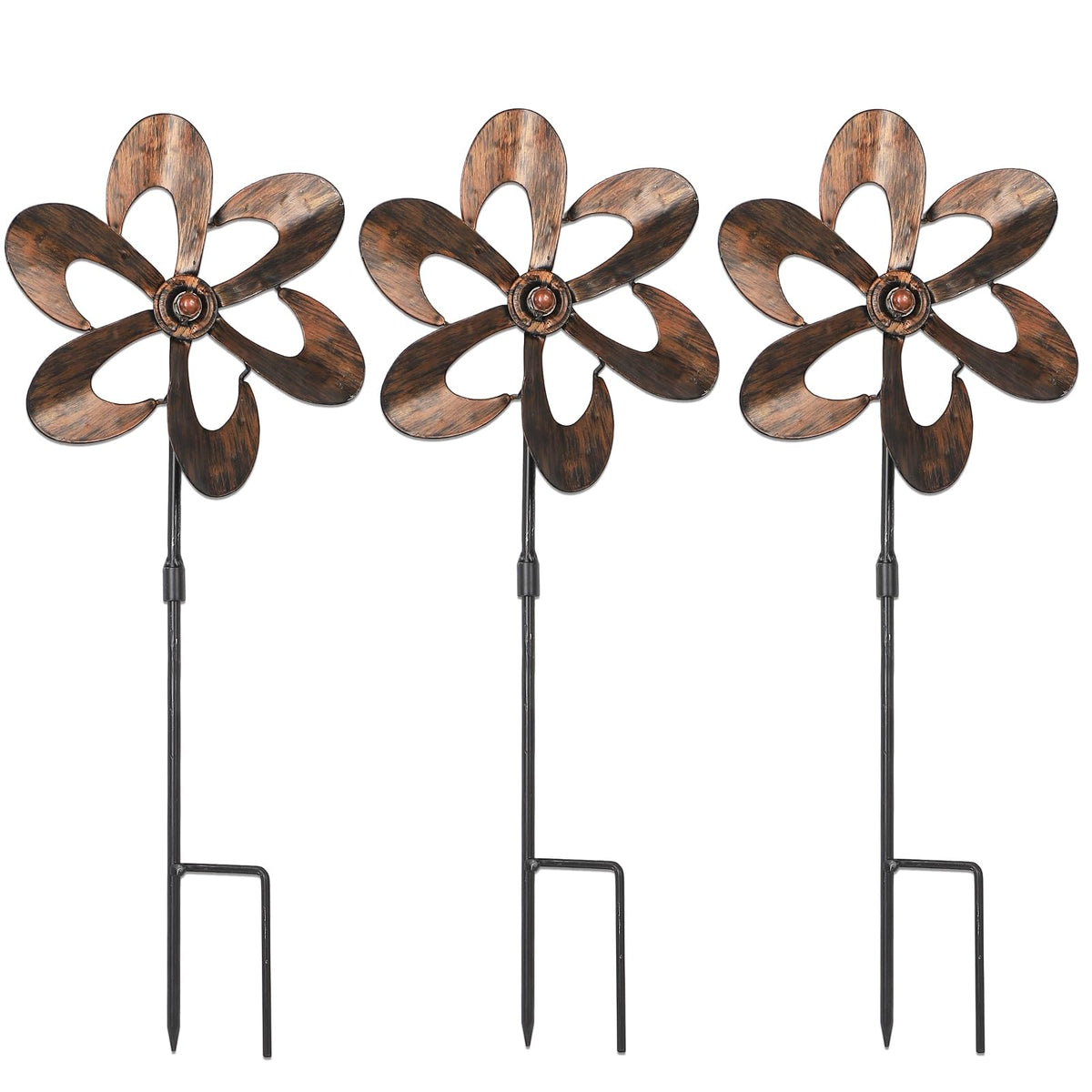 Aoutrow wind spinners with bronze blades creating color and motion in a sunny garden