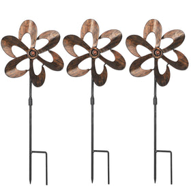 Aoutrow wind spinners with bronze blades creating color and motion in a sunny garden