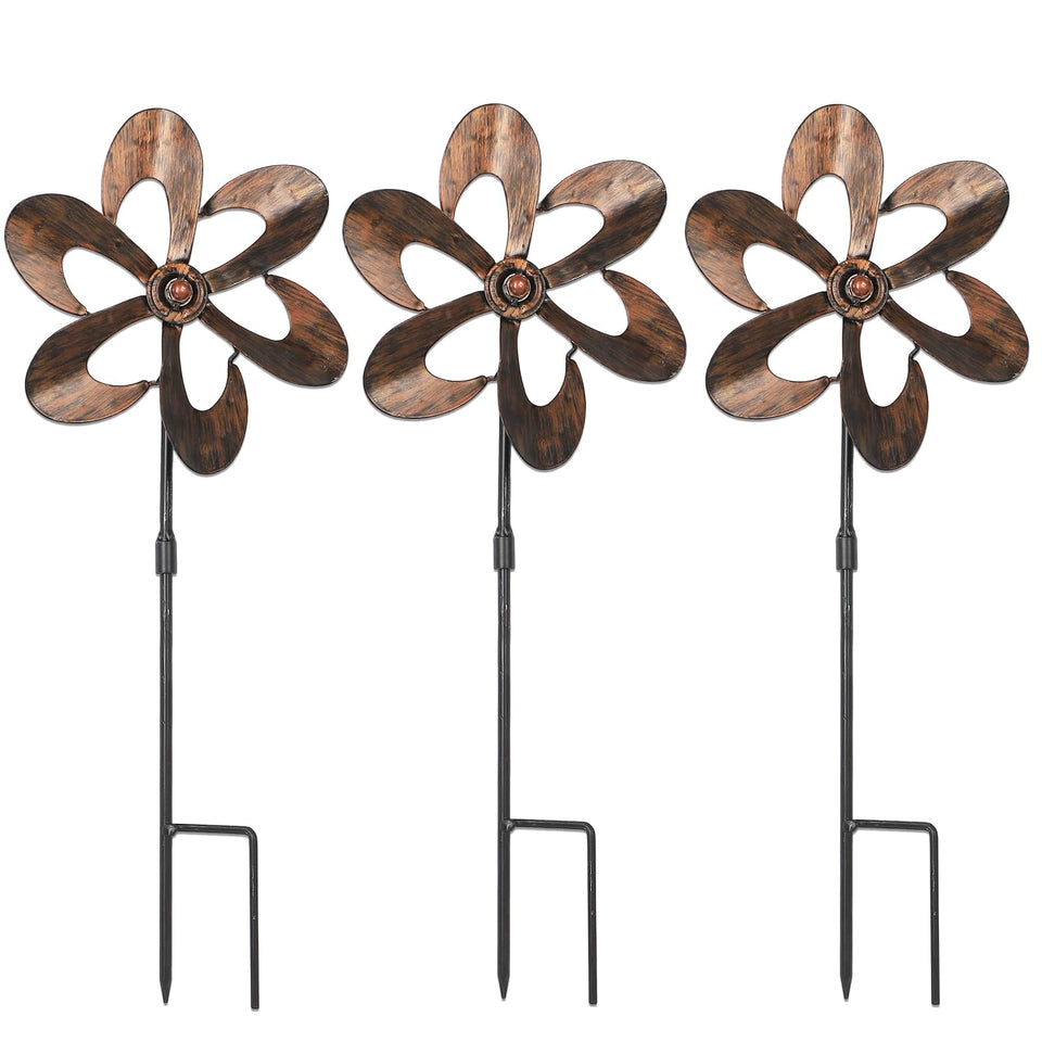 Aoutrow wind spinners with bronze blades creating color and motion in a sunny garden