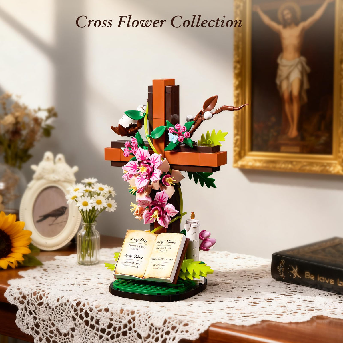 AOXEKBOLO close view of floral clusters around the cross offers a peaceful aesthetic