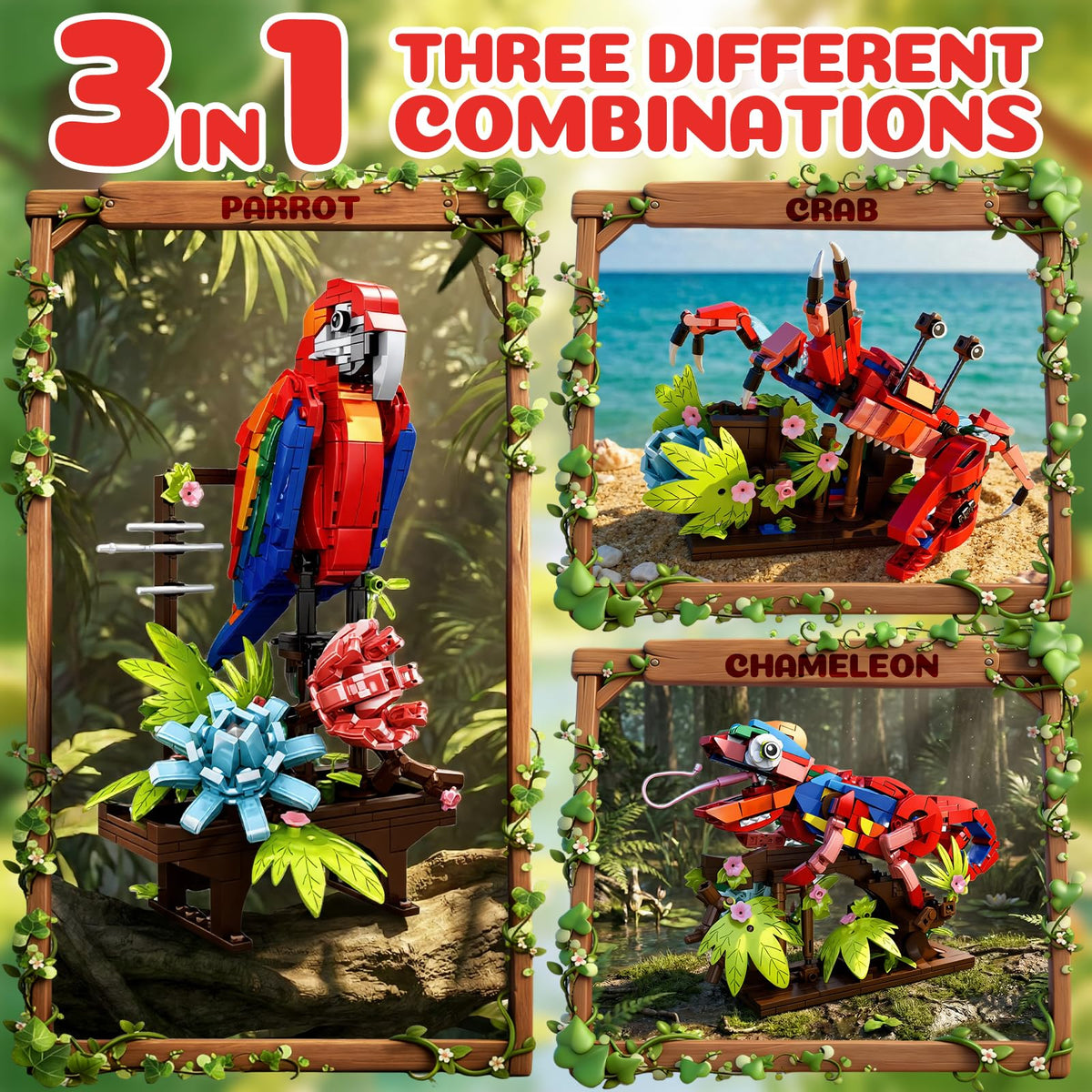 APENGBAOL 3-in-1 parrot build set chameleon model with articulated joints for dynamic posing