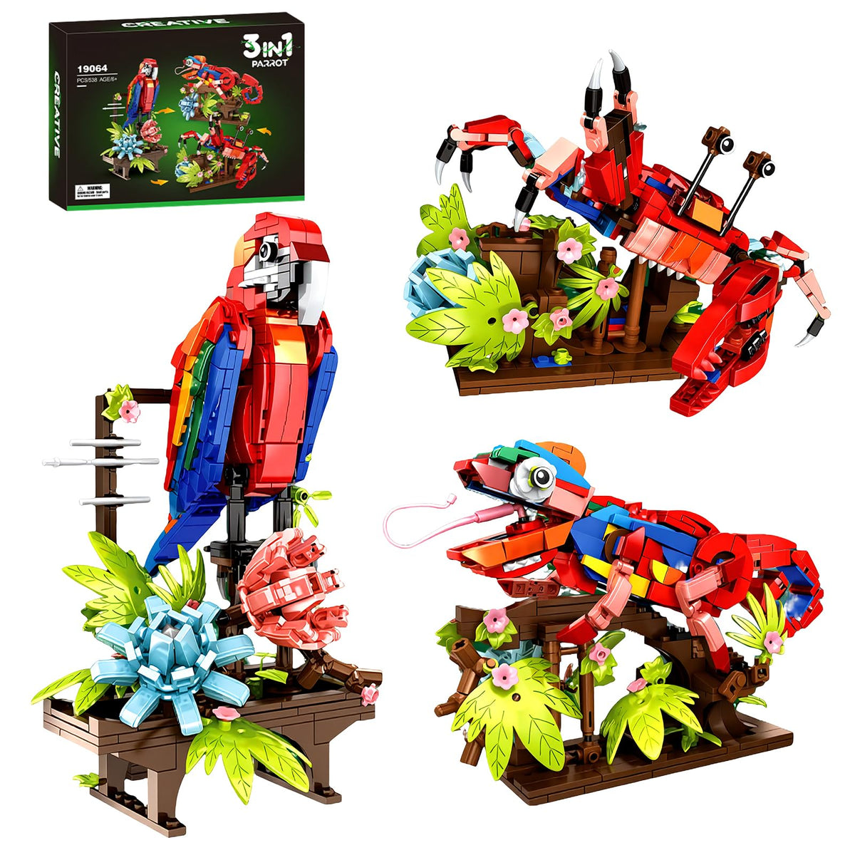APENGBAOL 3-in-1 parrot build set parrot figure on vibrant flower display for home décor