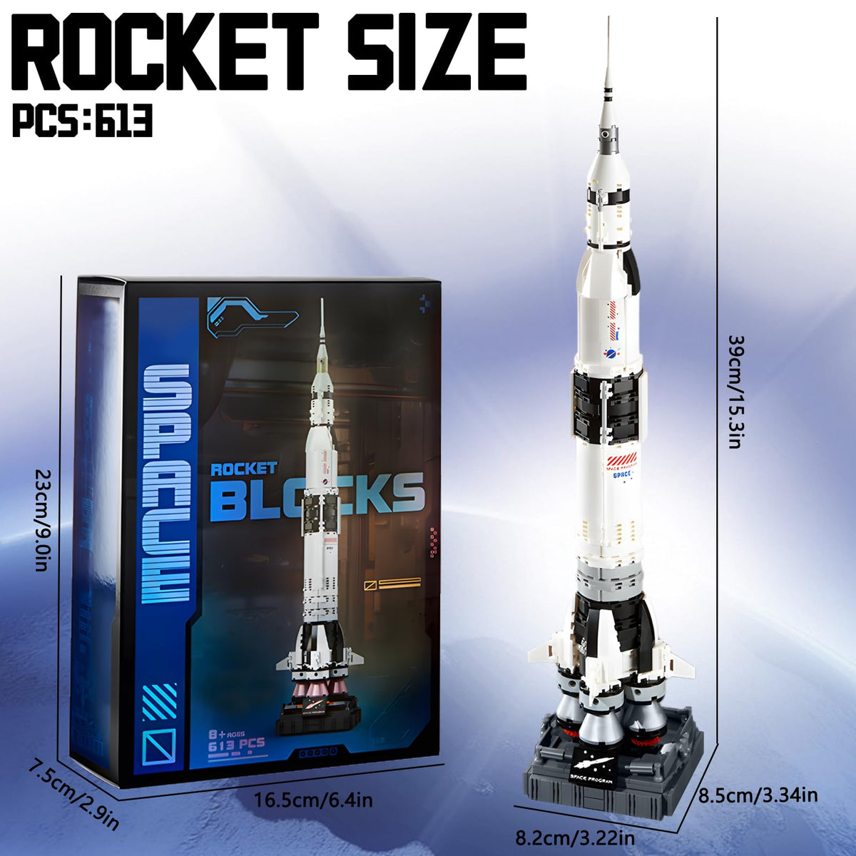 APENGBAOL Saturn V display base highlighting the complete model on shelves.