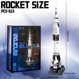 APENGBAOL Saturn V display base highlighting the complete model on shelves.