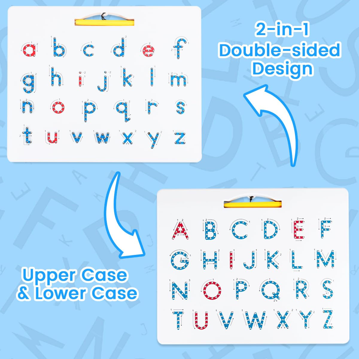 Apfity board showing uppercase and lowercase sides with numbered arrows guidance