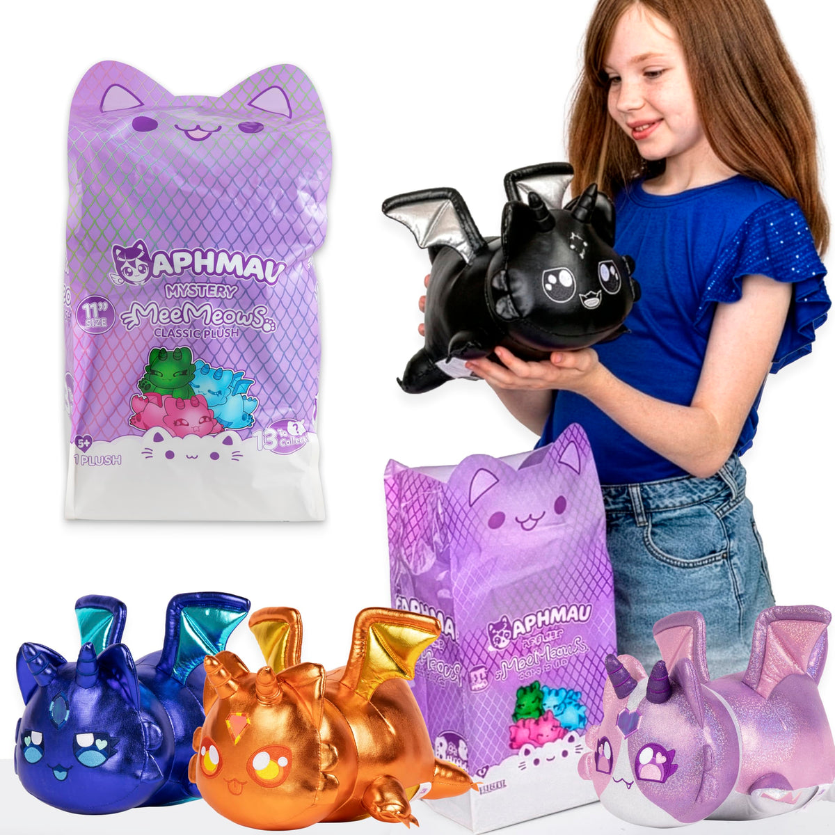 Aphmau MeeMeows 11-inch Dragon Cat plush with soft fur and glittery wings for cuddling.