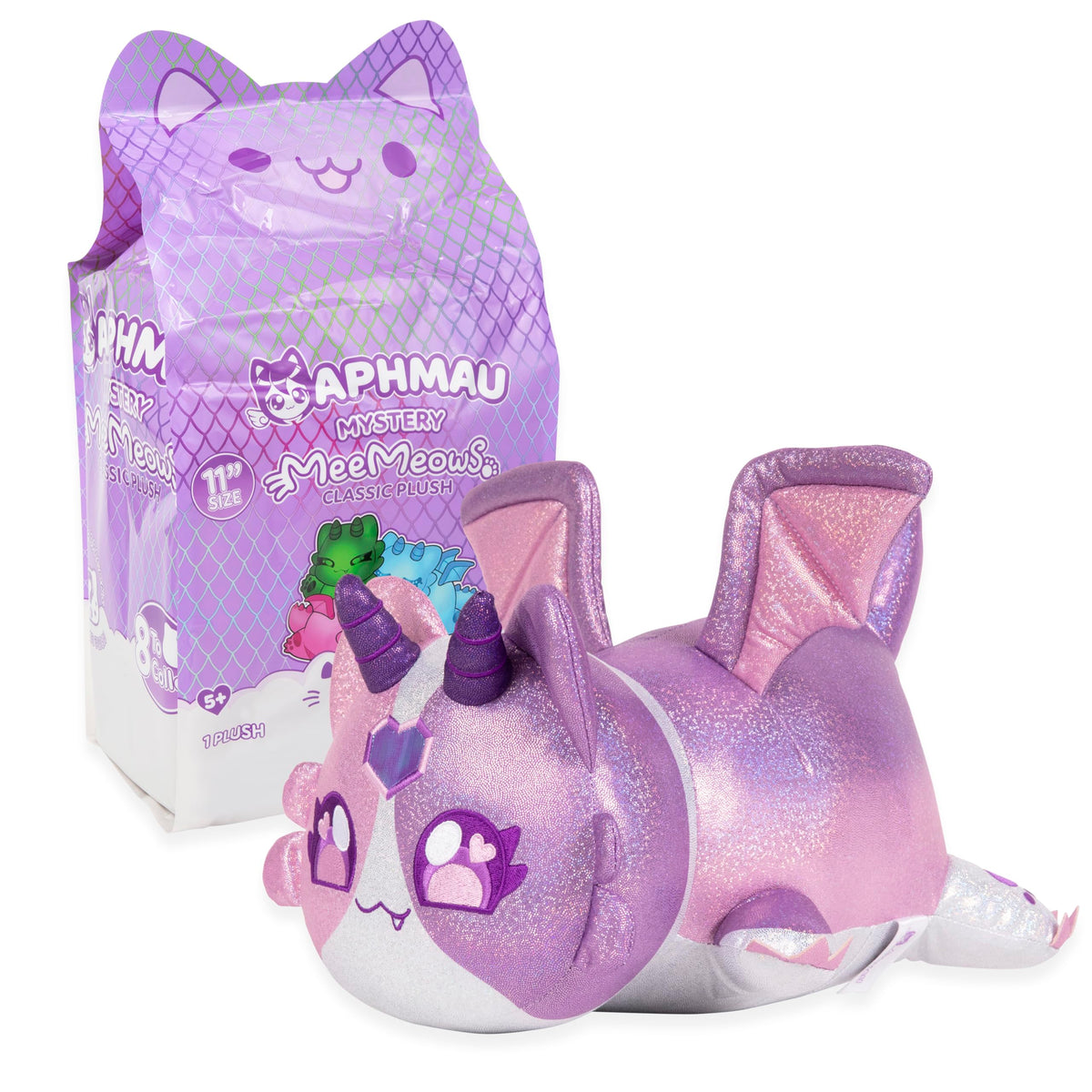Aphmau MeeMeows 11-inch Pearl Dragon Cat plush with shimmering wings for bedtime comfort.