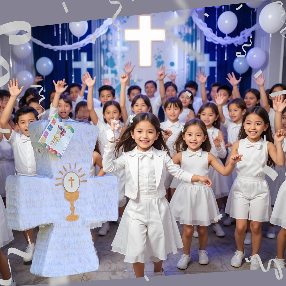 APINATA4U Elegant white cross design adds a festive focal point for first communion.