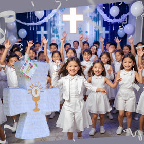 APINATA4U Elegant white cross design adds a festive focal point for first communion.