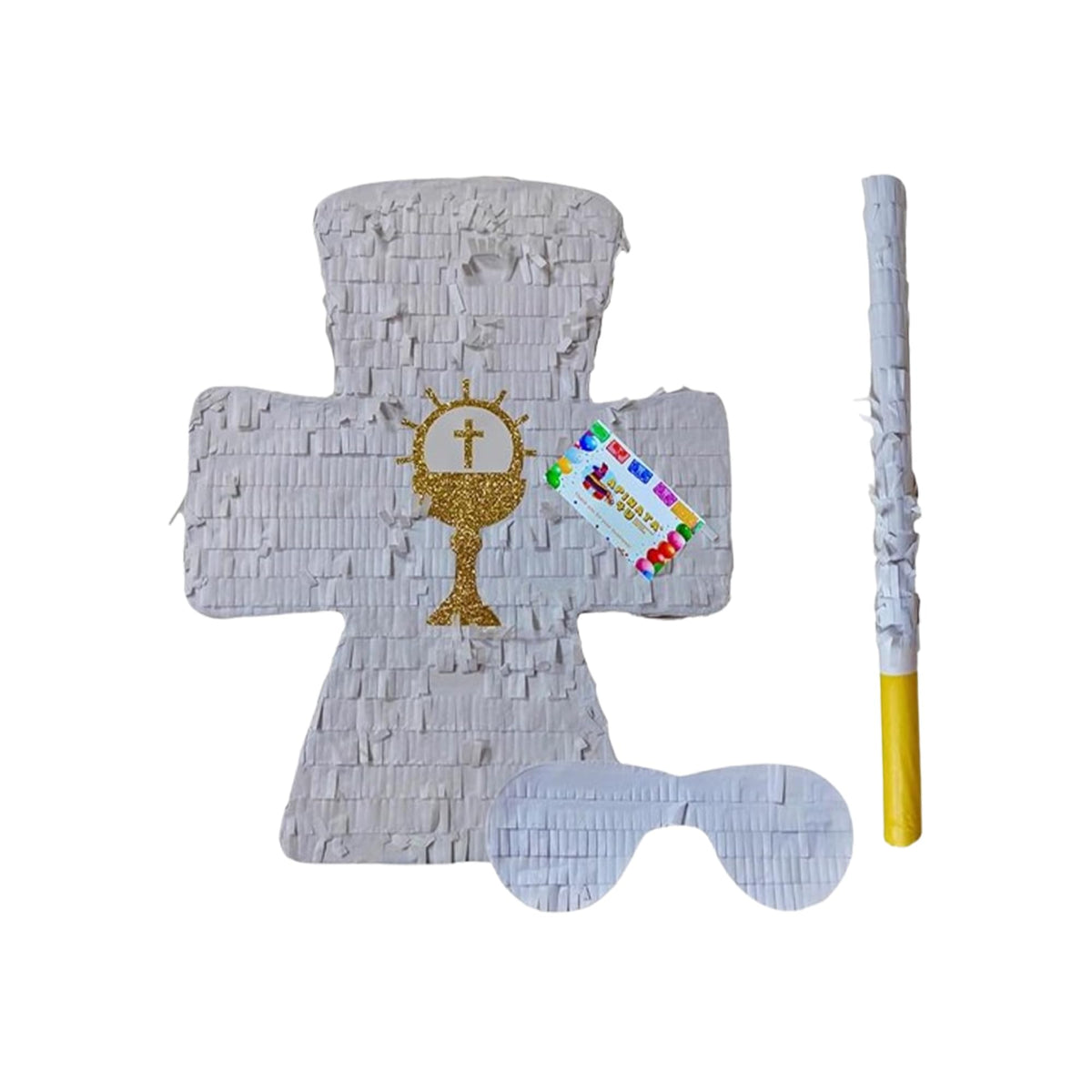 APINATA4U White Cross Pinata with gold chalice accents, ideal for baptism celebrations.