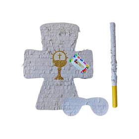 APINATA4U White Cross Pinata with gold chalice accents, ideal for baptism celebrations.