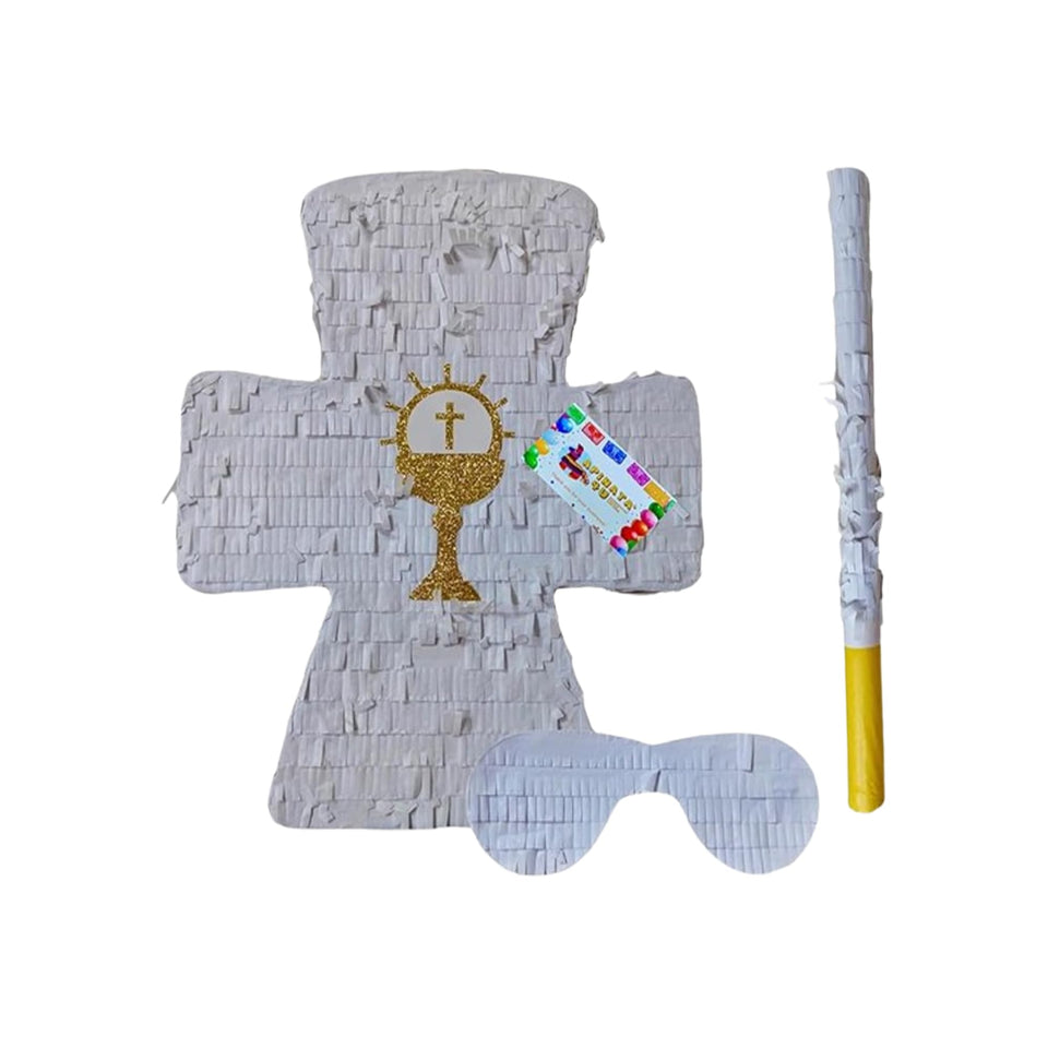 APINATA4U White Cross Pinata with gold chalice accents, ideal for baptism celebrations.