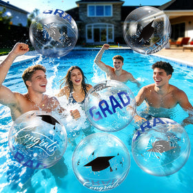 Apipi graduation beach ball with blue confetti for festive pool decor.