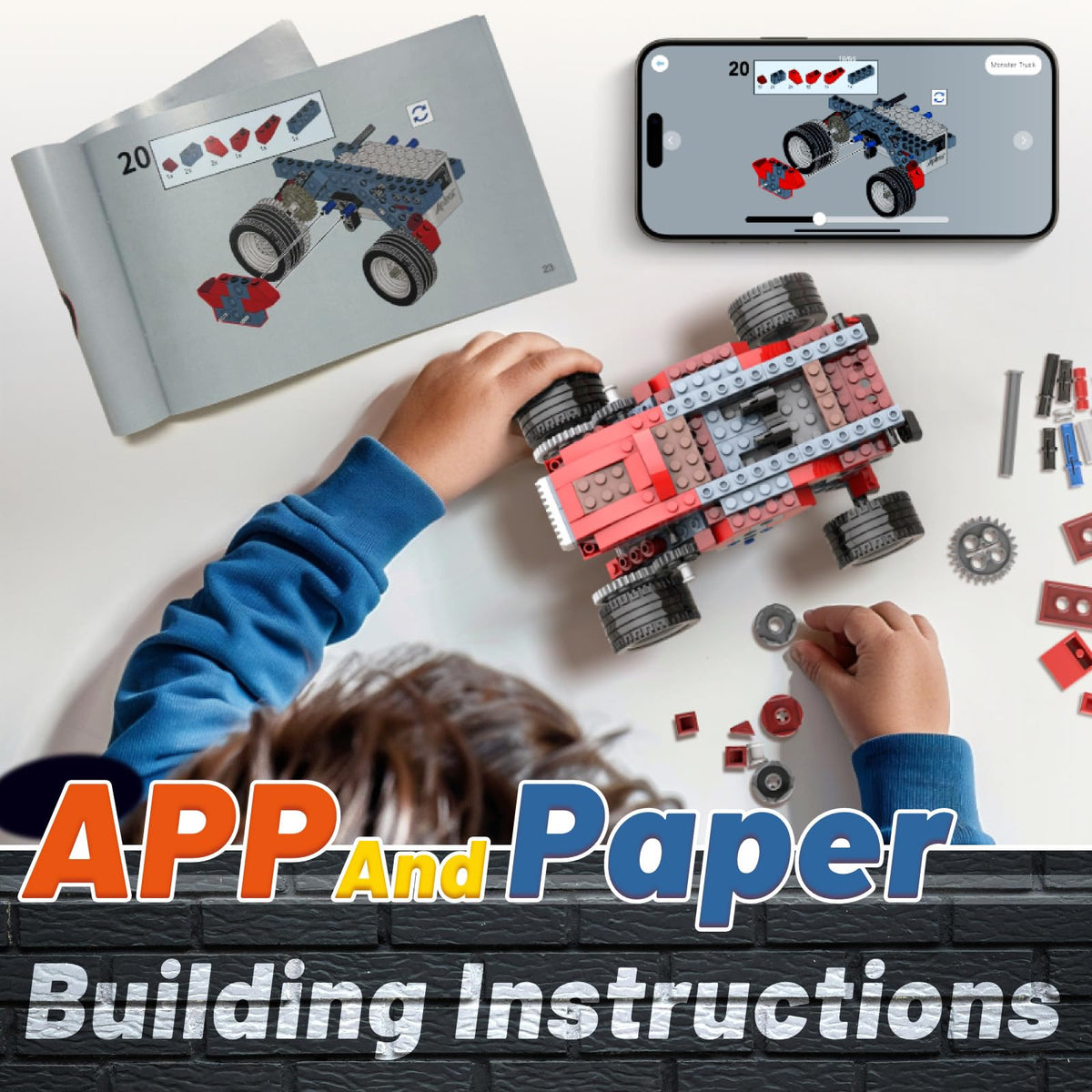 Apitor electric motor monster truck model demonstrates motorized play for early engineering exploration.
