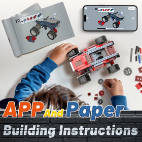Apitor electric motor monster truck model demonstrates motorized play for early engineering exploration.