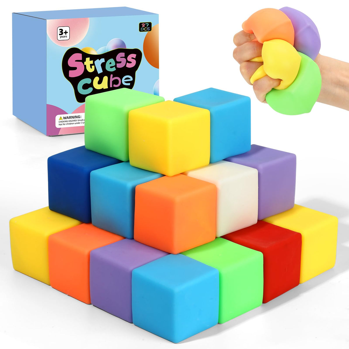 APLIST 27-pack slow rising stress cubes in vibrant colors for calm, focused play.