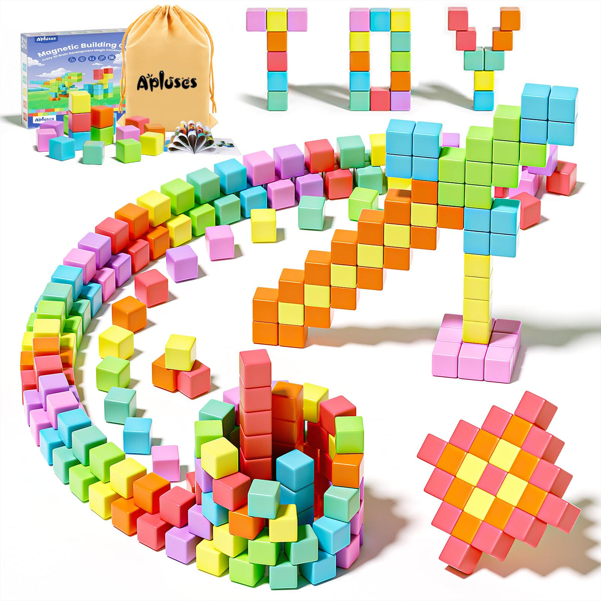 Apluses magnetic blocks in bright colors for creative play and fine motor skills.