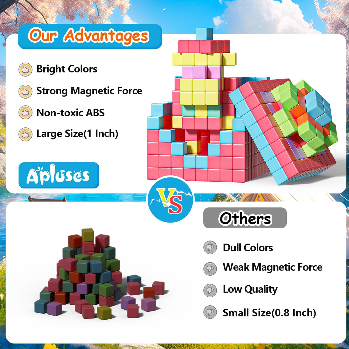 Apluses one-inch blocks designed for small hands and easy stacking.