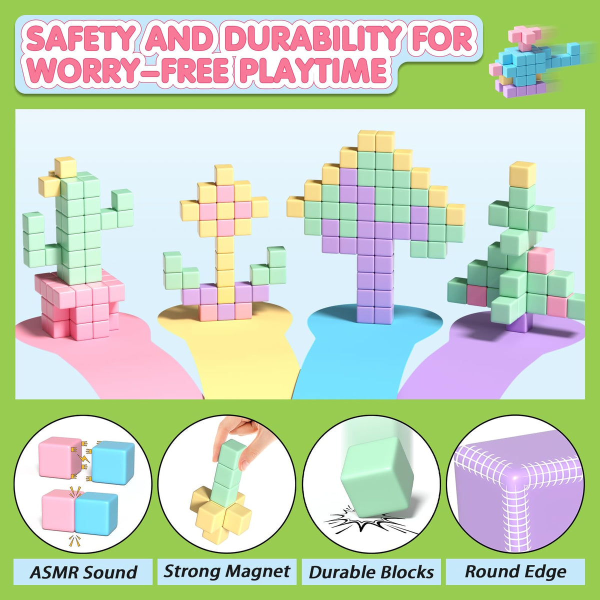 Apluses five-color magnetic blocks supporting color recognition and imaginative builds.