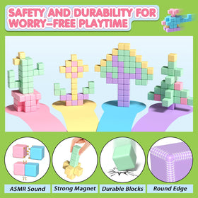 Apluses five-color magnetic blocks supporting color recognition and imaginative builds.