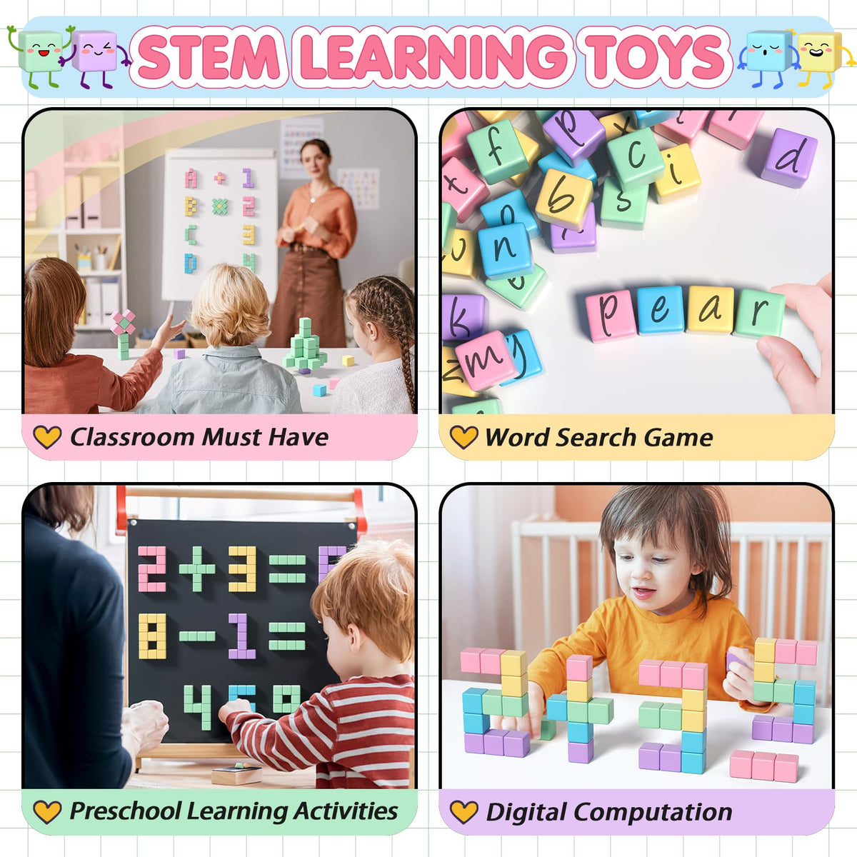 Apluses colorful construction cubes encourage creativity and fine motor development.