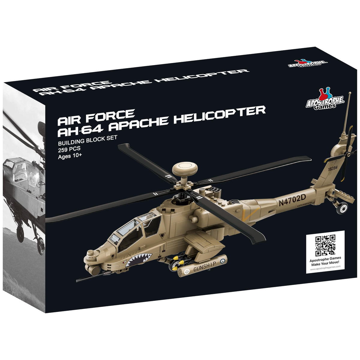 Apostrophe Games AH-64 Apache display-shelf pose ideal for a collector’s display.