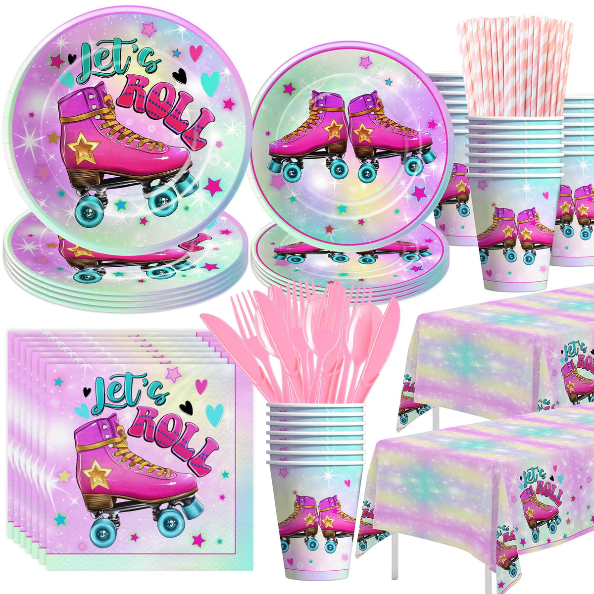 APOWBLS roller skating dinner plates brighten the party table for a kid-friendly celebration.