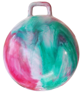 AppleRound Hippity Hoppity Hop Ball front view with handle in red and green clouds for indoor outdoor play