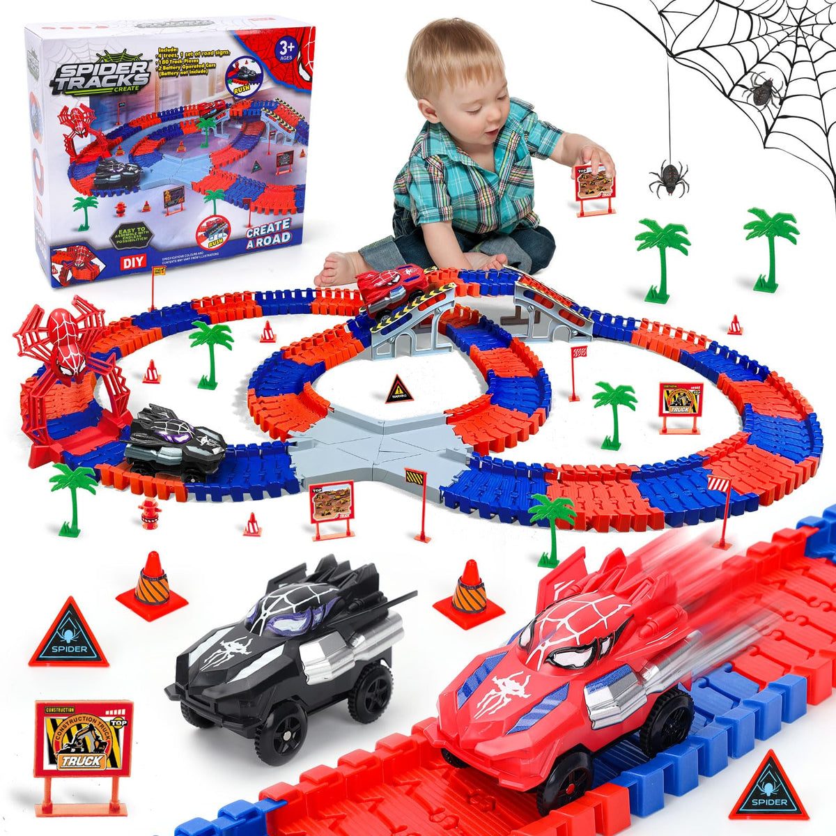Appoft Spider Hero 212-piece adventure kit enables endless race-track designs and imaginative play.
