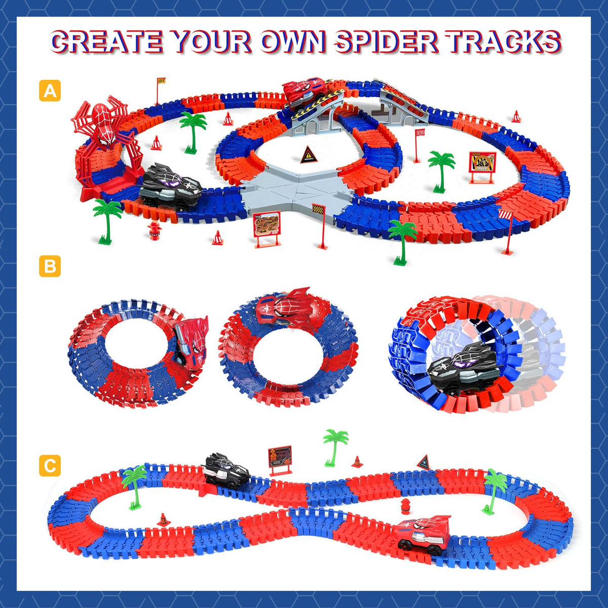 Appoft Spider Hero track bridges and signs feature sturdy, colorful pieces for durable building play.