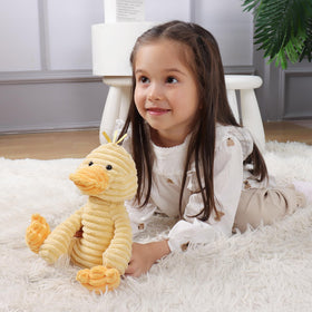 Apricot Lamb corduroy duck plush, face close-up, ultra-soft texture for comforting hugs.
