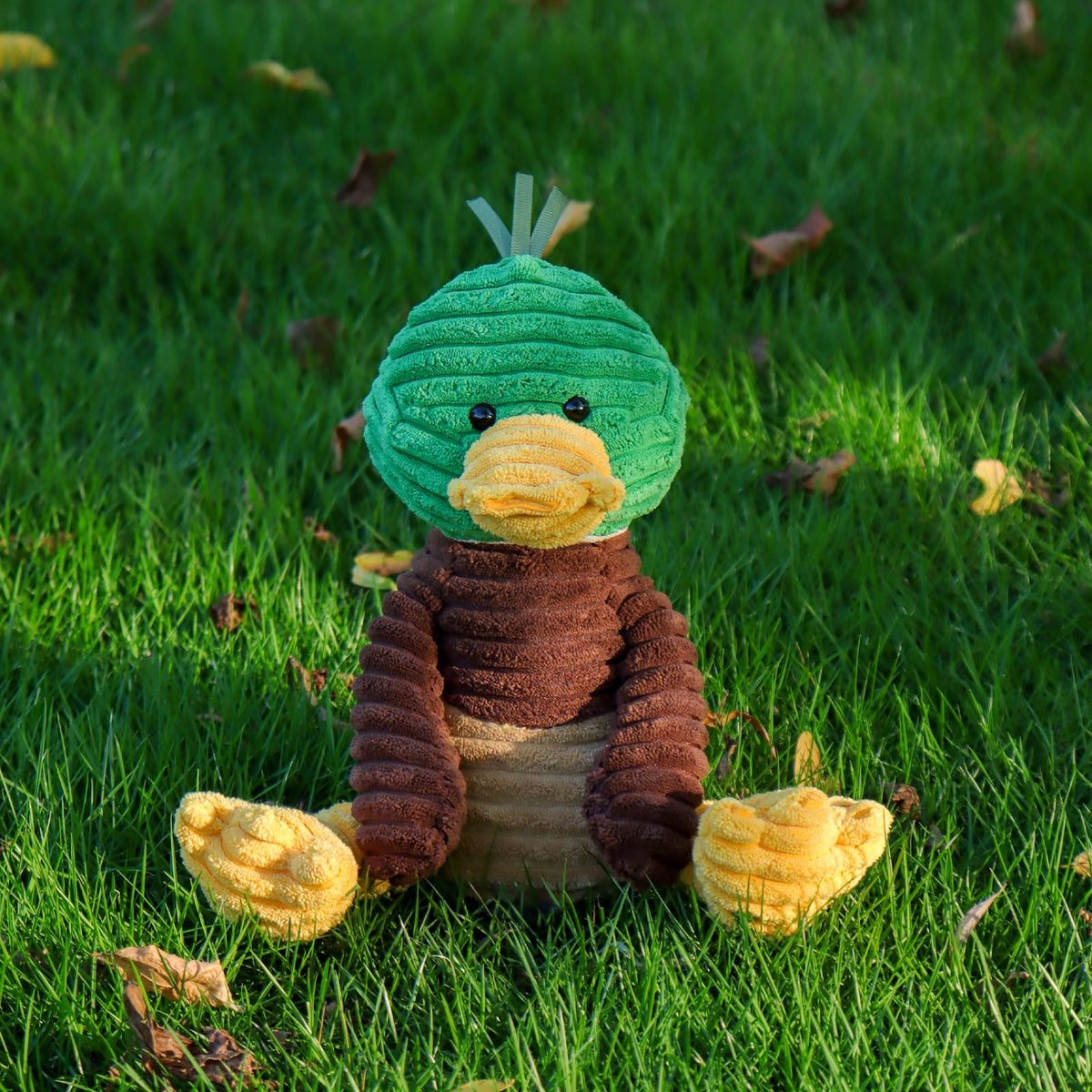 Apricot Lamb corduroy mallard duck plush — easy-clean care: brush and sun-dry.