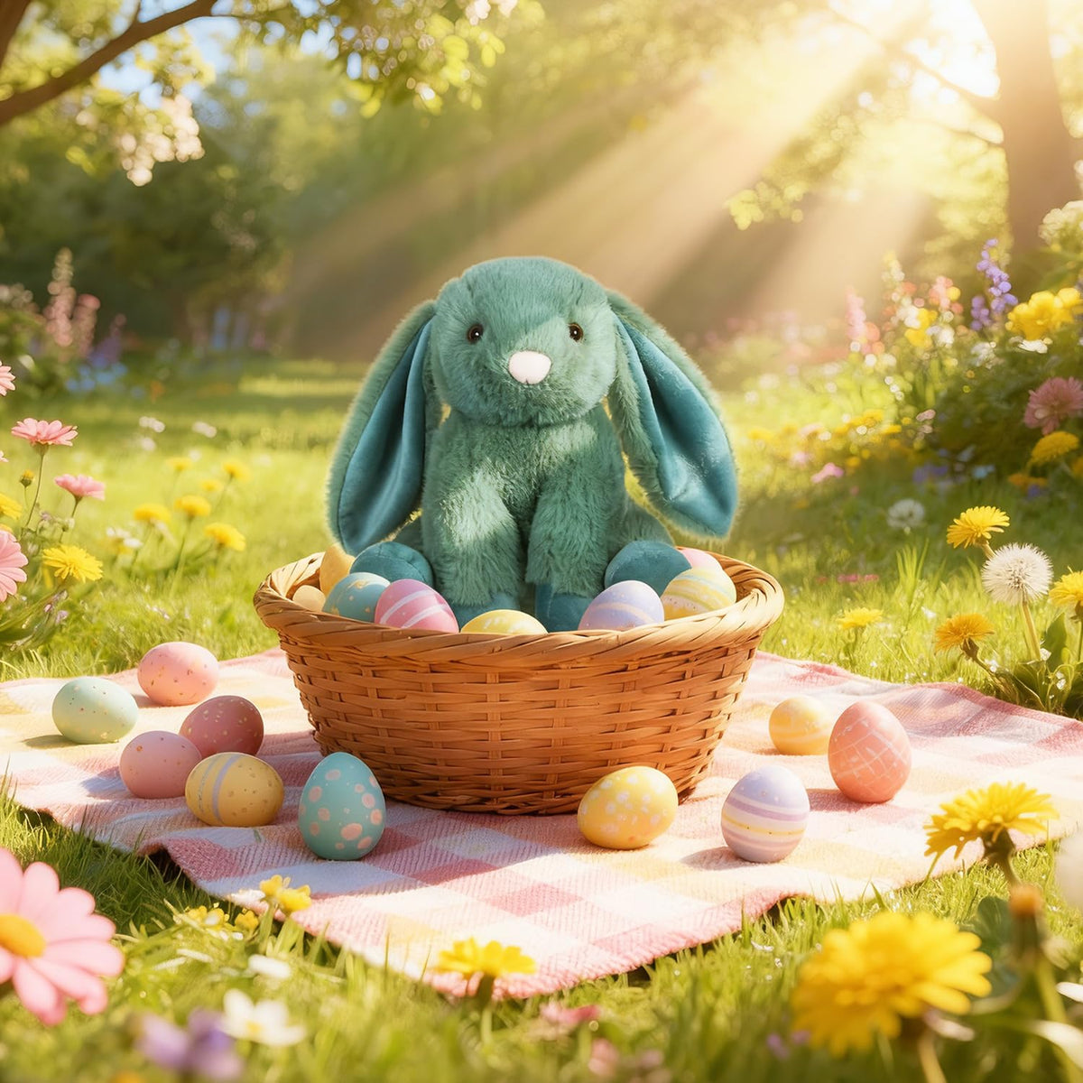Apricot Lamb Green Bunny plush with fluffy ears for soft tactile comfort.
