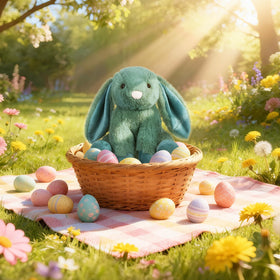 Apricot Lamb Green Bunny plush with fluffy ears for soft tactile comfort.