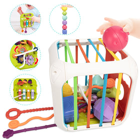 Aprilwolf 7-in-1 activity cube promoting fine motor skills through sorting and stacking.