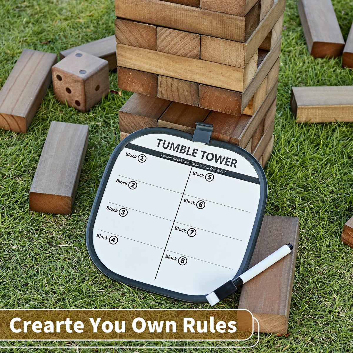 ApudArmis giant timber blocks and dice ready for easy social game nights.