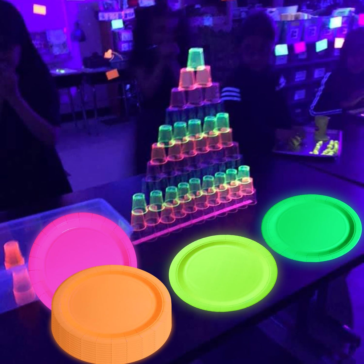 APUXXJUPA purple neon plates illuminate tables during glow parties
