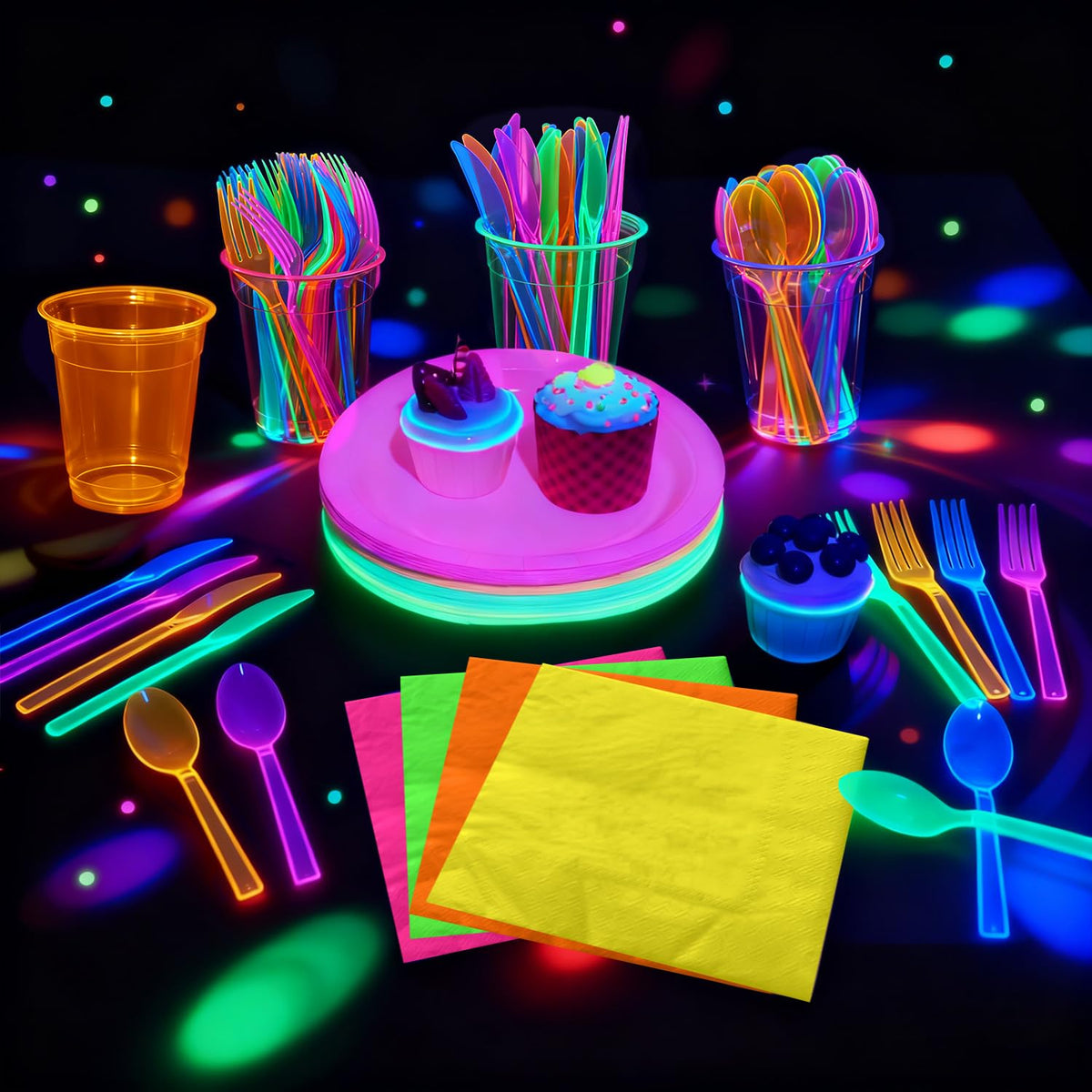 APUXXJUPA neon banner reads LET'S GLOW and enhances party ambiance