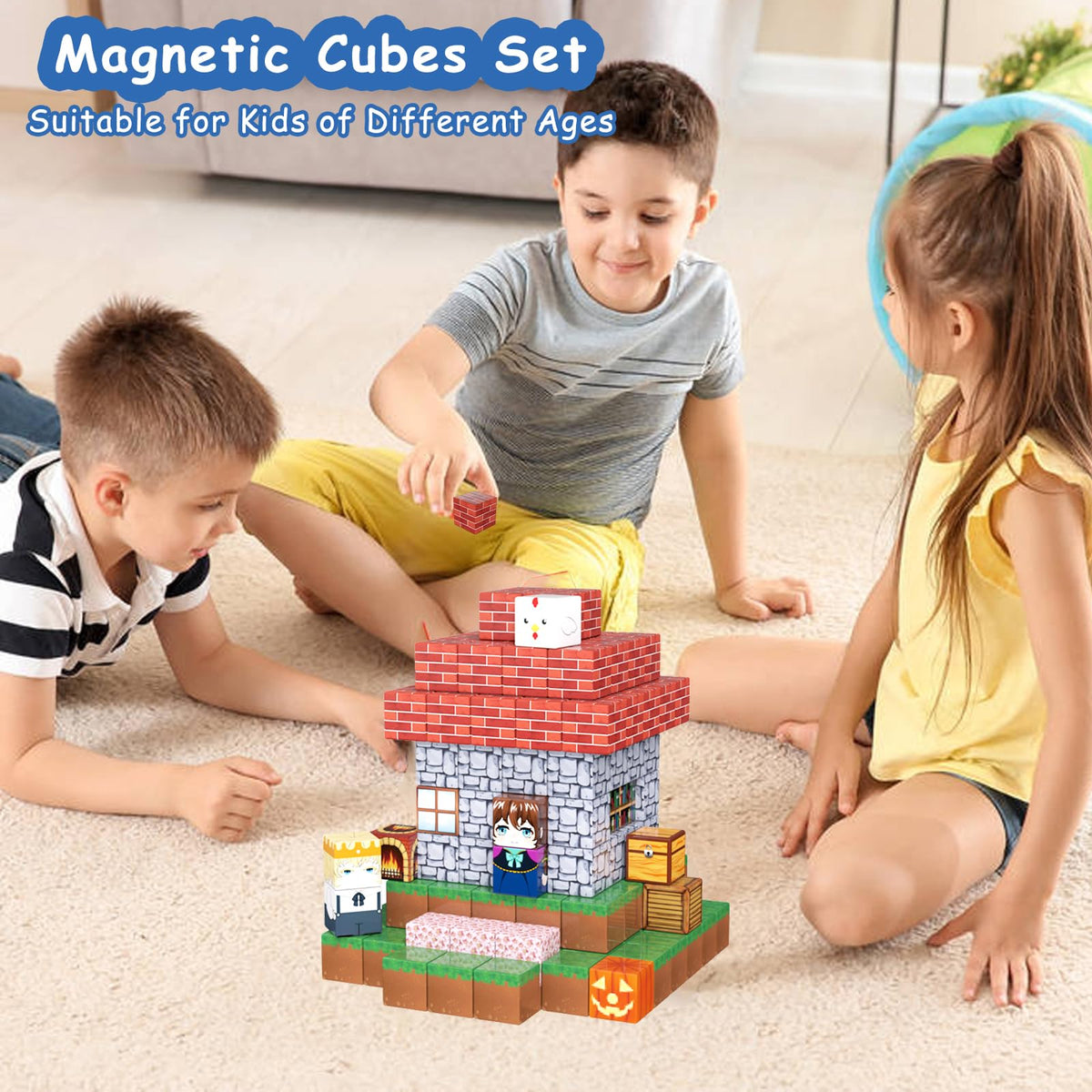 Ages 3–12 kids exploring geometry concepts with Apyr Aoma magnetic building blocks.